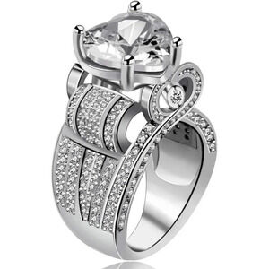 Platinum Plated Big Love Heart  Cubic Zirconia Wide Cluster Architecture Rings